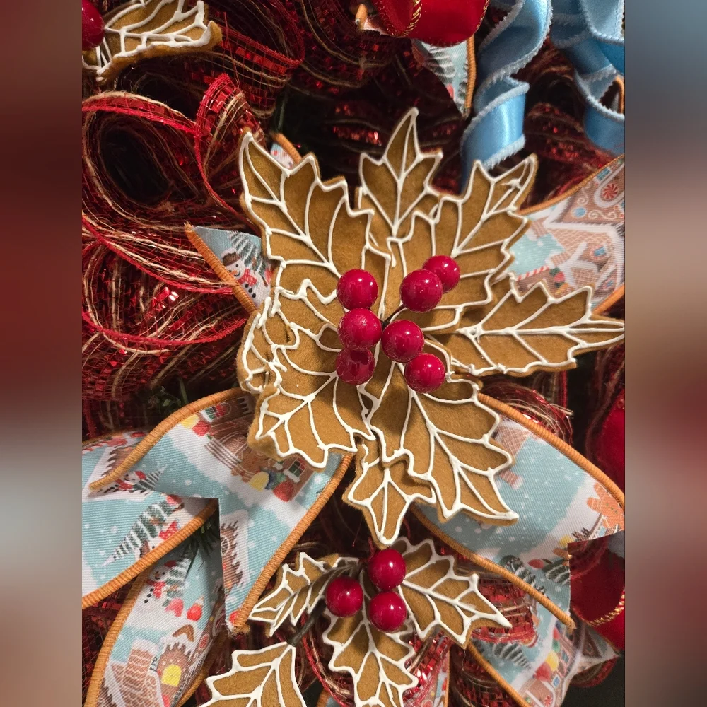 Festive Gingerbread House And Ponsettia Holiday Door Wreath